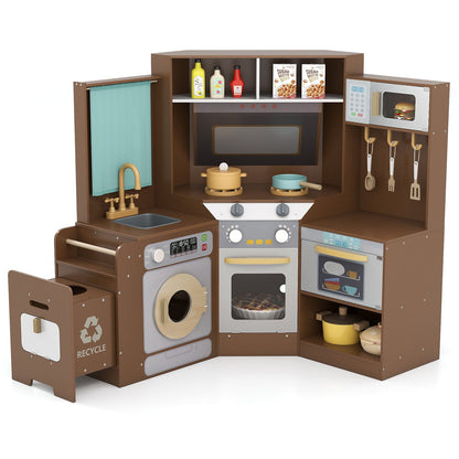 Corner Kitchen Toys with Lights and Sounds with Pull-out Trash Can and Stoves