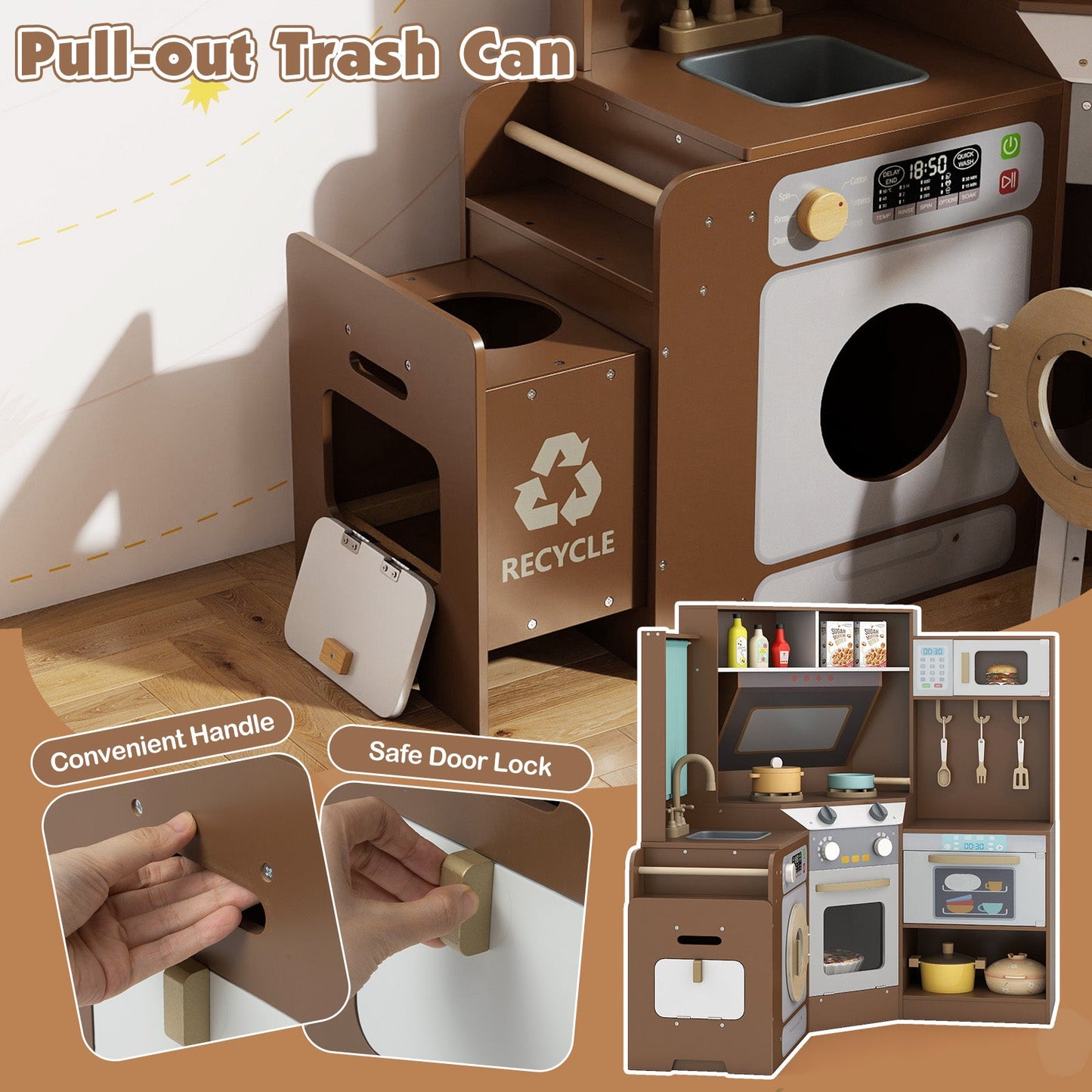 Corner Kitchen Toys with Lights and Sounds with Pull-out Trash Can and Stoves