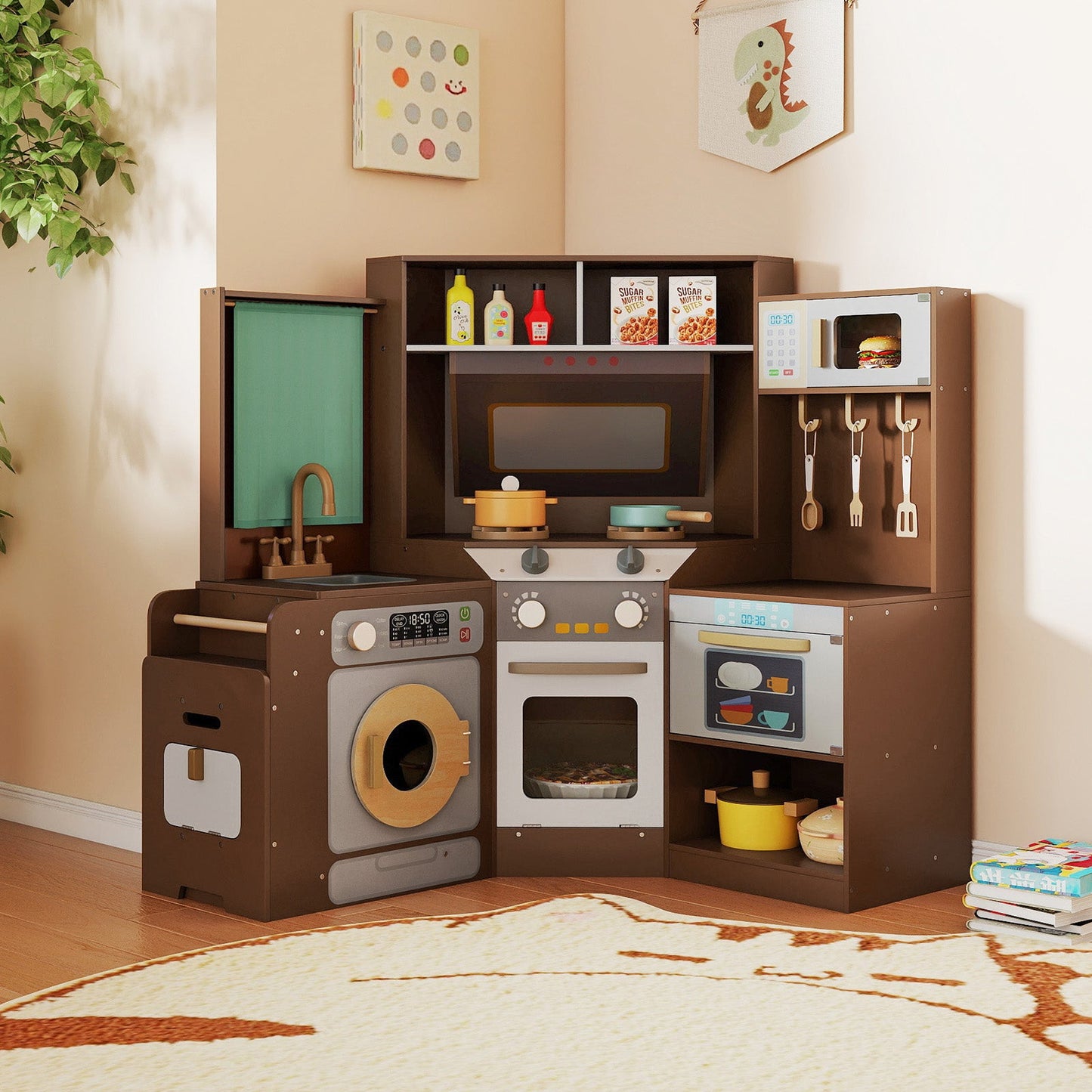 Corner Kitchen Toys with Lights and Sounds with Pull-out Trash Can and Stoves