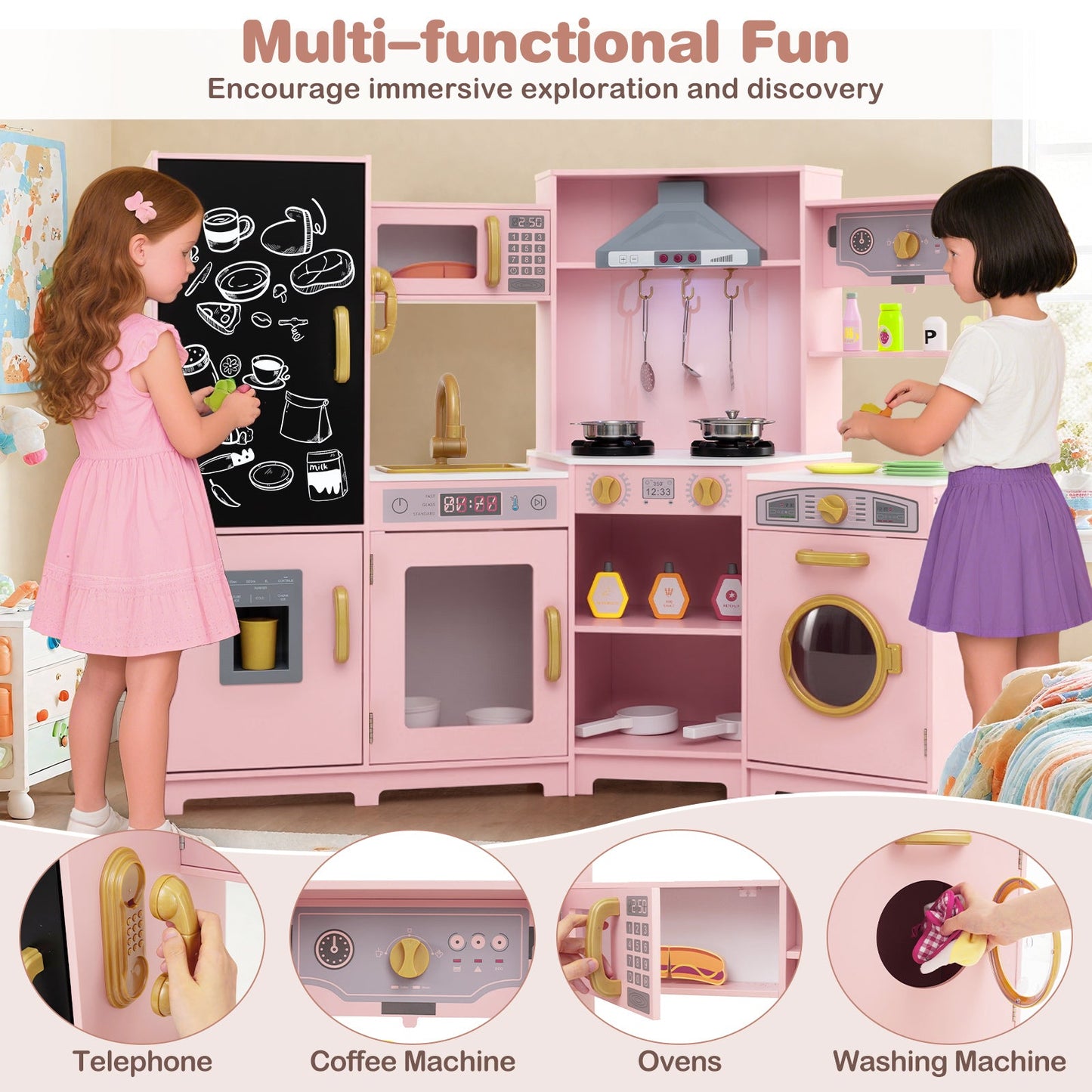 Corner Wooden Play Kitchen with Lights and Sounds Large Pretend Play Kitchen Set