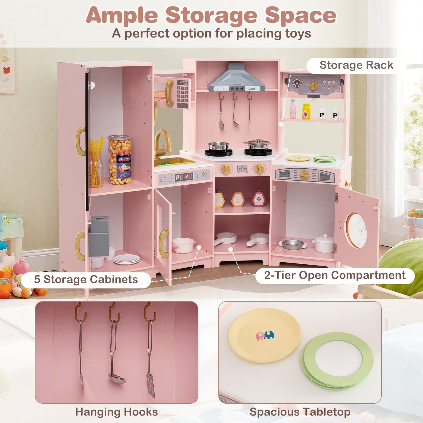 Corner Wooden Play Kitchen with Lights and Sounds Large Pretend Play Kitchen Set