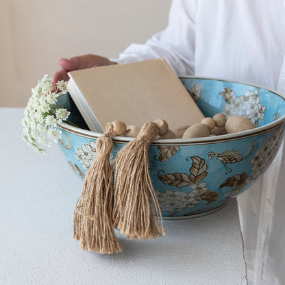 Cherry Blossom Hand-Painted Blue Ceramic Serving Bowl