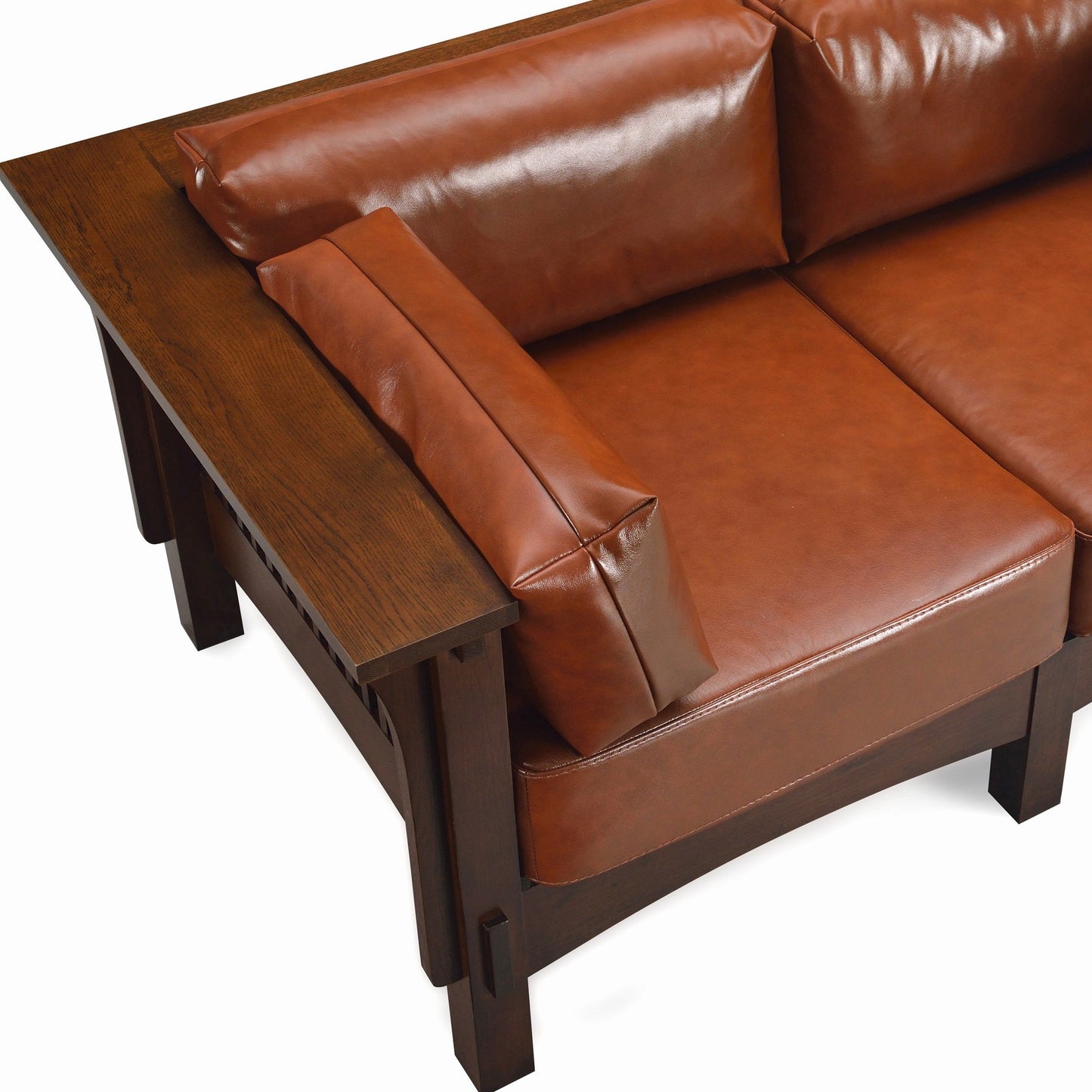 Mission Crofter Style Love Seat - Walnut stain and Russet brown leather