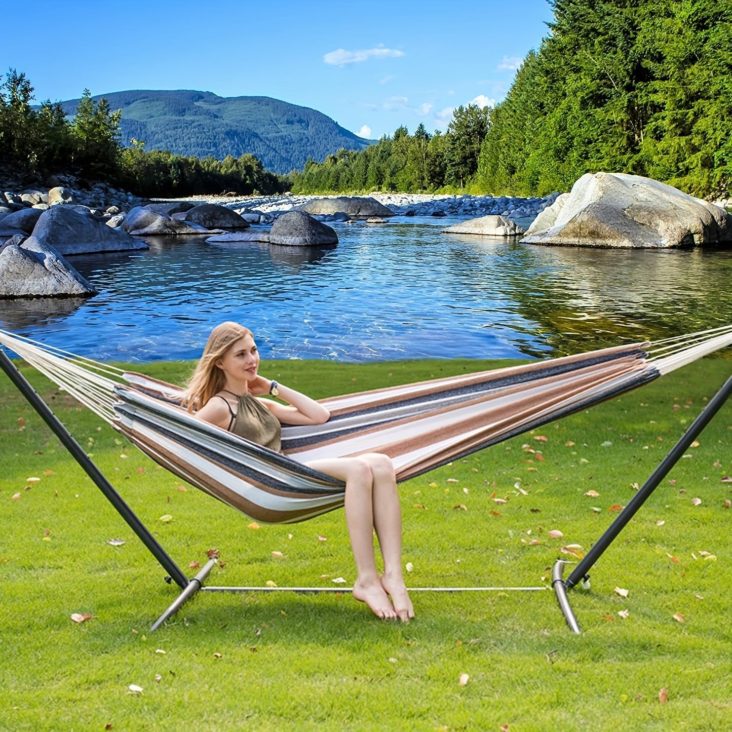 Heavy Duty Double Hammock with Steel Stand 450lbs Portable Outdoor Indoor Blue