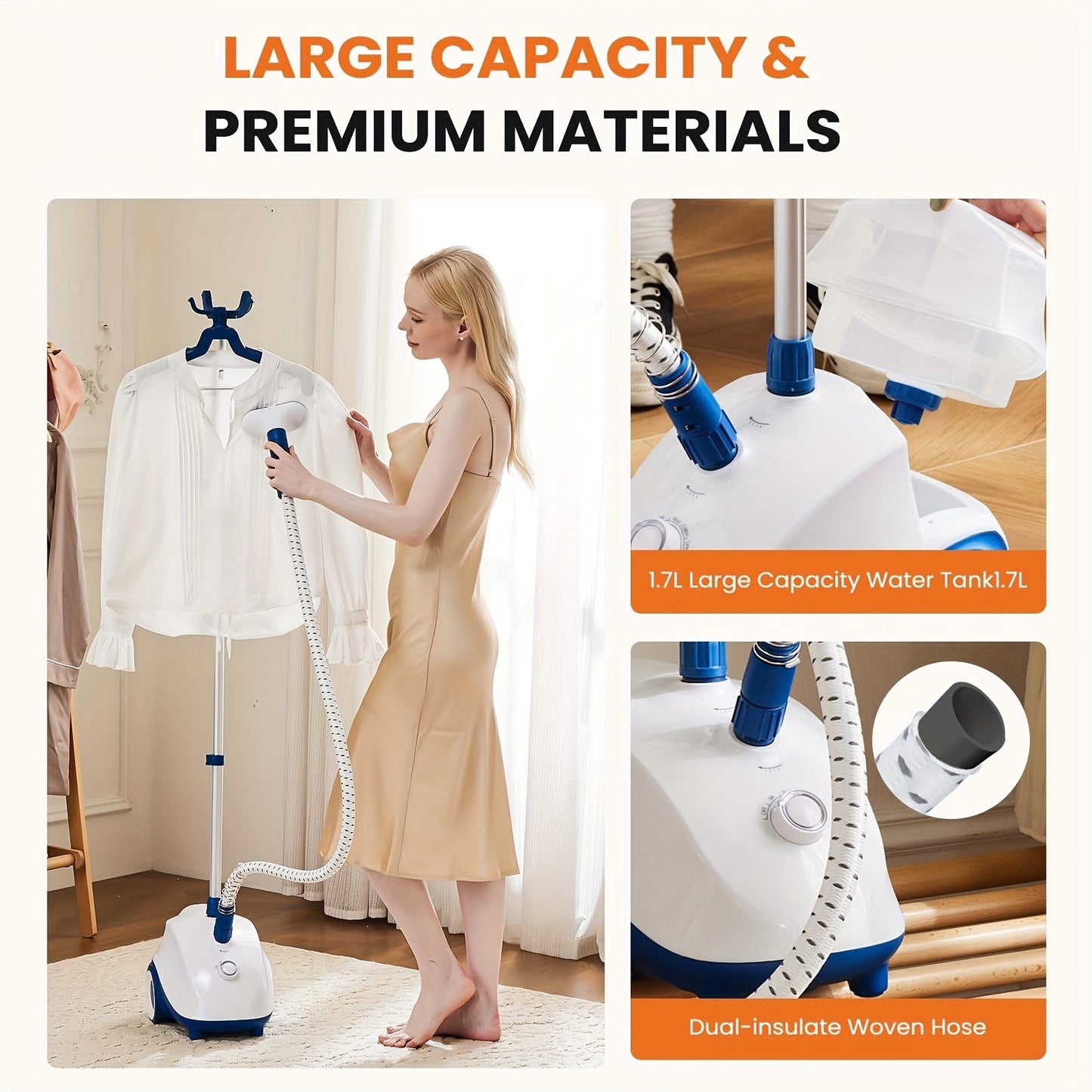 1500W Garment Steamer Standing Clothes Steamer 1.8L Tank 60Min Continuous Steam