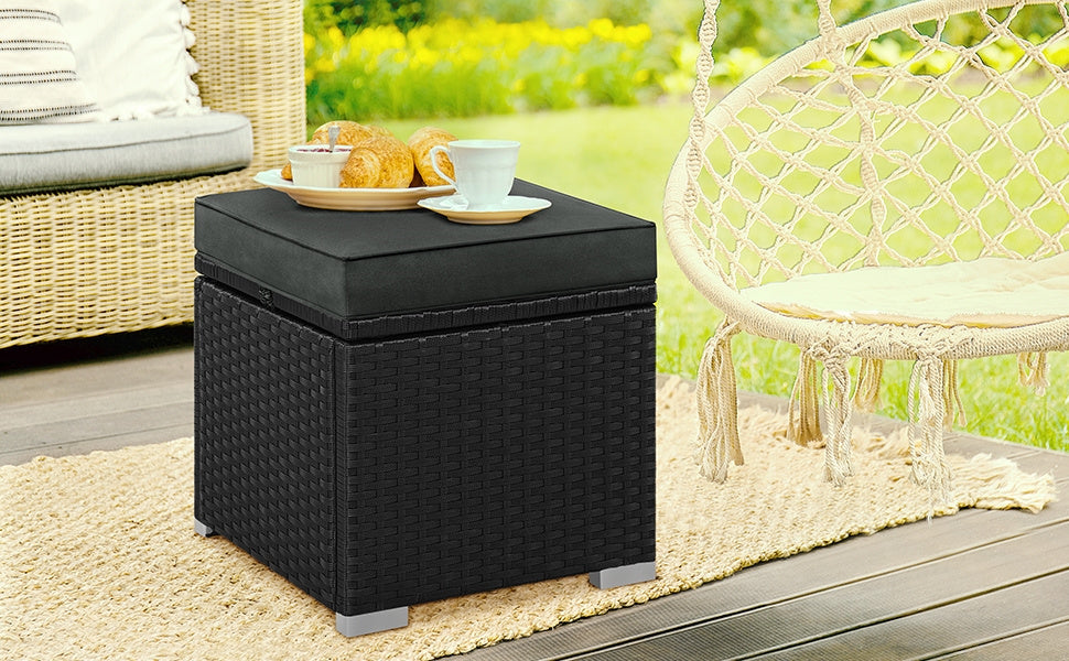 Costoffs 2PCS Rattan Storage Ottomans with Cushions – Outdoor Wicker Footstools & Side Tables for Patio, Garden & Balcony