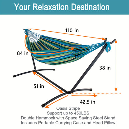 Heavy Duty Double Hammock with Steel Stand 450lbs Portable Outdoor Indoor Blue