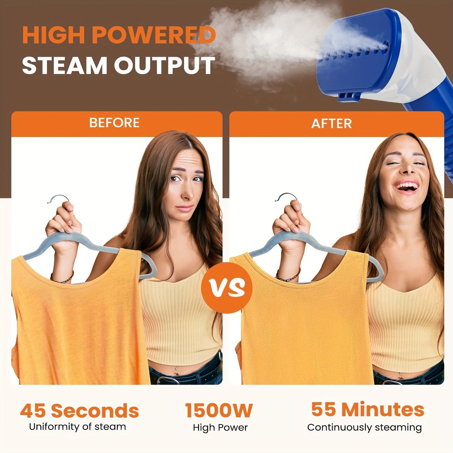 1500W Garment Steamer Standing Clothes Steamer 1.8L Tank 60Min Continuous Steam