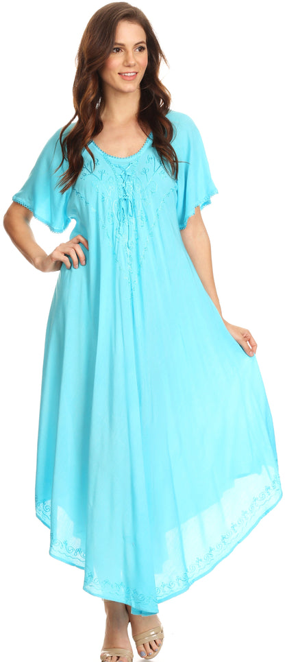 Sakkas Lilia Embroidered Lace Up Bodice Relaxed Fit  Maxi Sun Dress