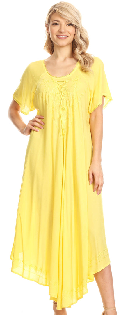 Sakkas Lilia Embroidered Lace Up Bodice Relaxed Fit  Maxi Sun Dress