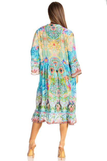 Sakkas Womens 3/4 Sleeves Button Down Spring/Summer Short Shirt Dress/Cover-up