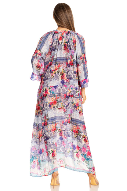Sakkas Womens Henley Neck Elbow Sleeves Long A-Line Summer dress with pockets
