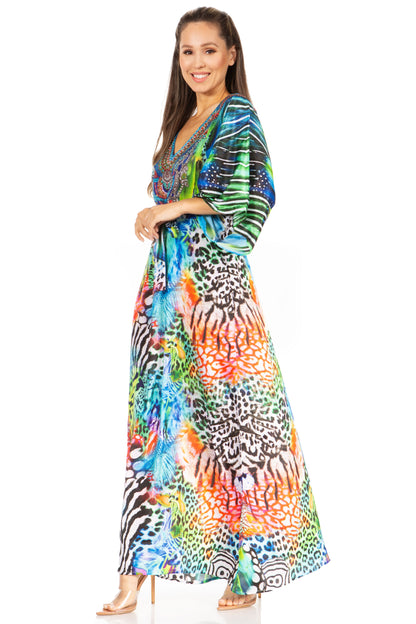 Sakkas Maribel Maxi Caftan Dress - Women's V-Neck, Short Sleeves