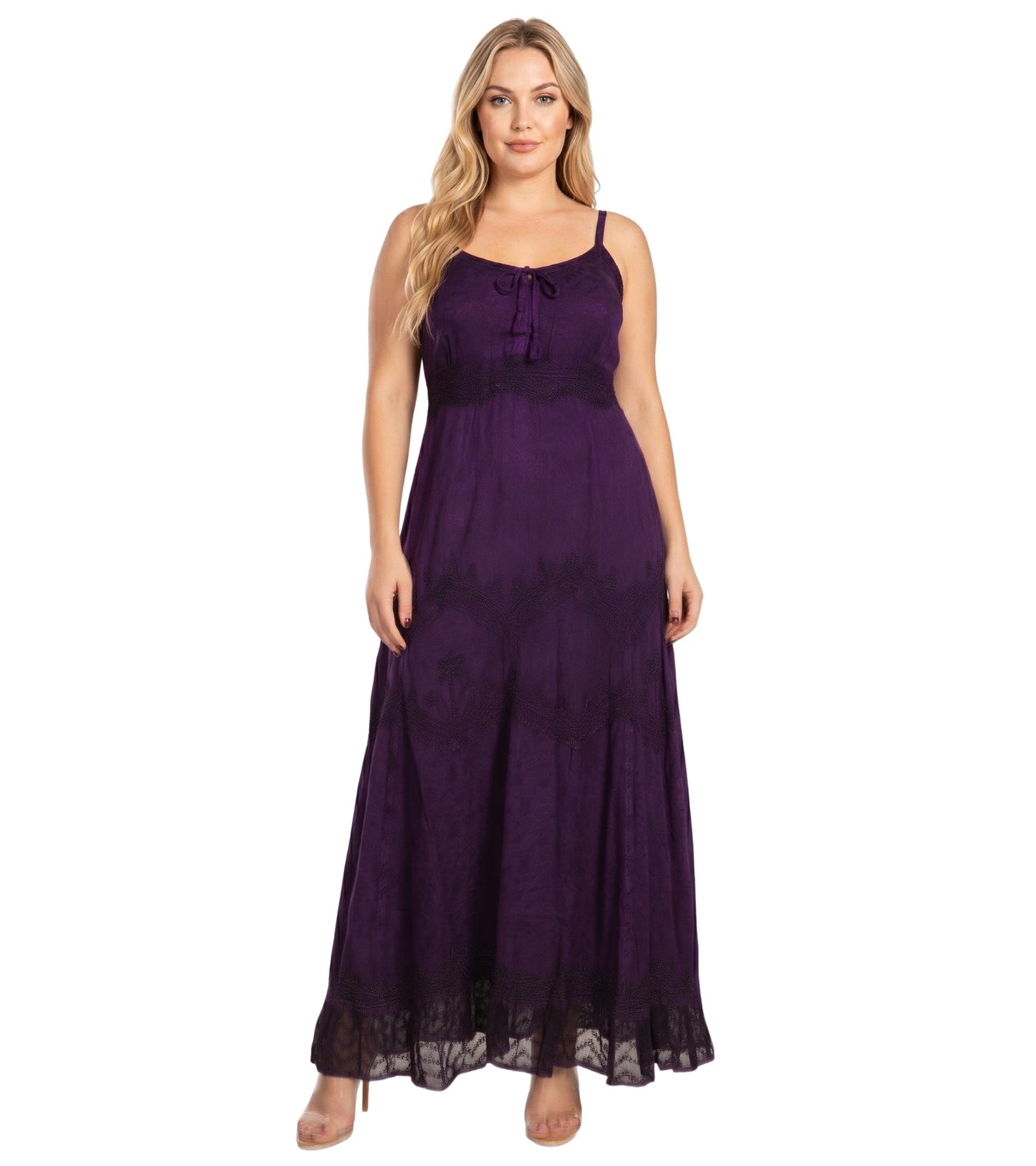 MKY Amy Stonewashed Rayon Embroidered Adjustable Spaghetti Straps Long Dress