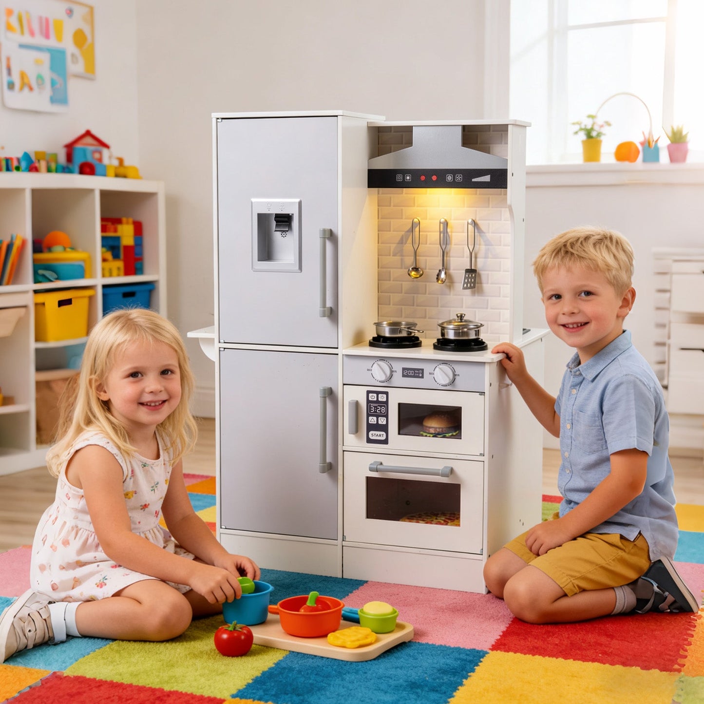 Dual-Sided Kids Play Kitchen with Water Dispenser and Range Hood for 3+ Years Old