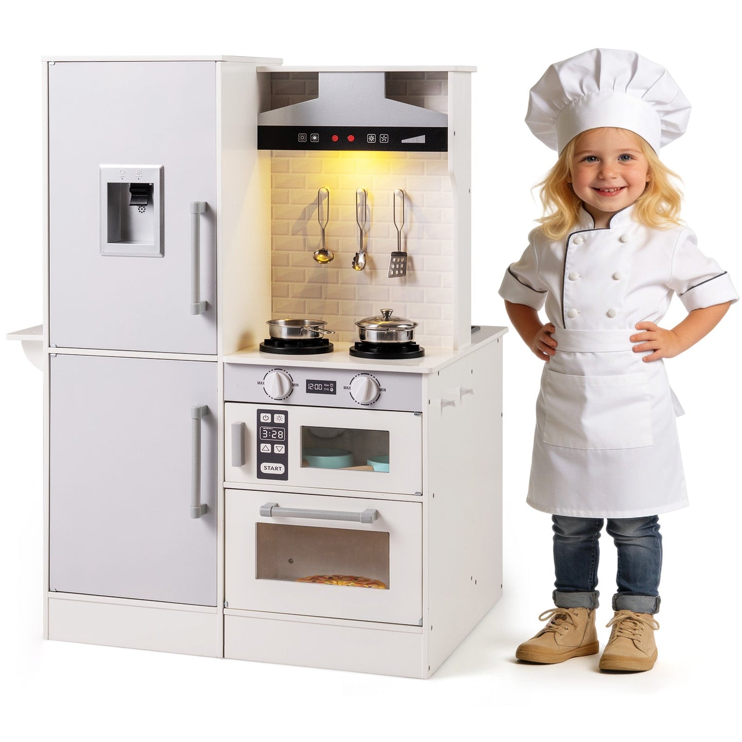 Dual-Sided Kids Play Kitchen with Water Dispenser and Range Hood for 3+ Years Old