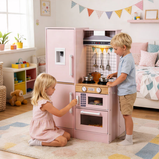 Dual-Sided Kids Play Kitchen with Water Dispenser and Range Hood for 3+ Years Old