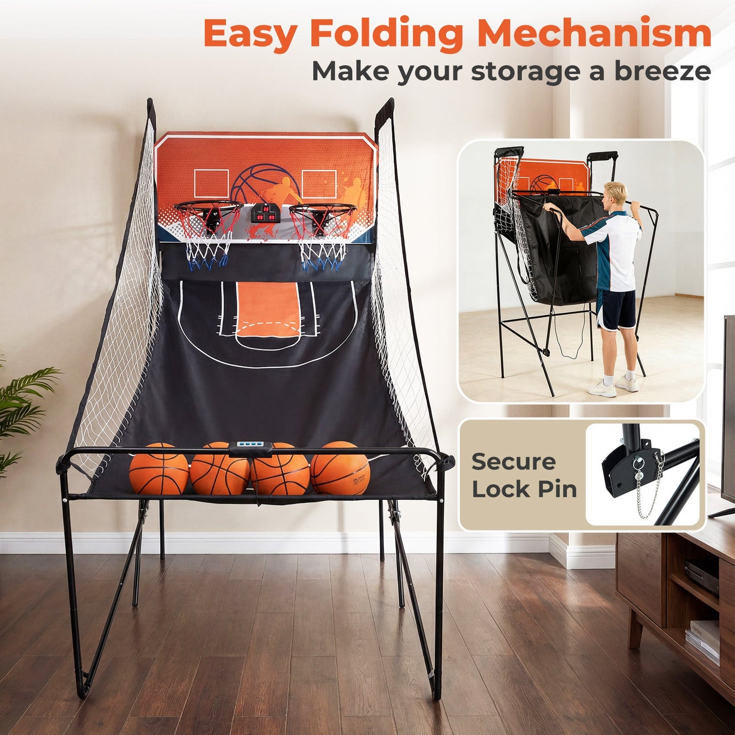 Foldable Basketball Arcade Game Kids Basketball Hoop Machine with 8 Exciting Playing Modes