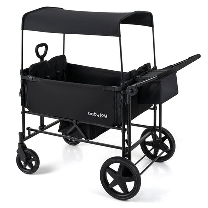 Foldable Wagon Stroller for 4 Kids with Removable Canopy and Adjustable Push