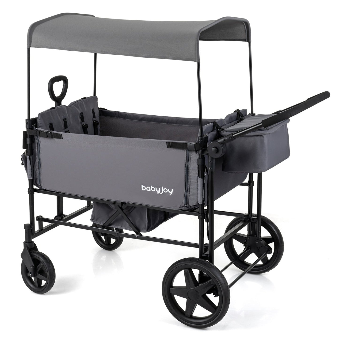 Foldable Wagon Stroller for 4 Kids with Removable Canopy and Adjustable Push