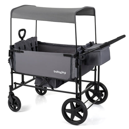 Foldable Wagon Stroller for 4 Kids with Removable Canopy and Adjustable Push