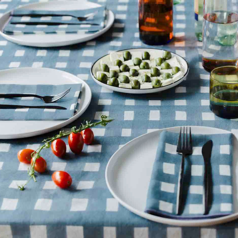 Blue Cross-Hatch Linen Tablecloth | 60x120 | Goldie Home