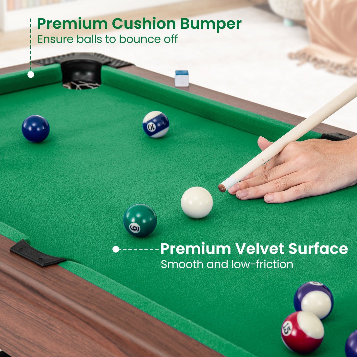 48 Inch Pool Wooden Game Table with Full Set of Ballsfor Kids and Adults