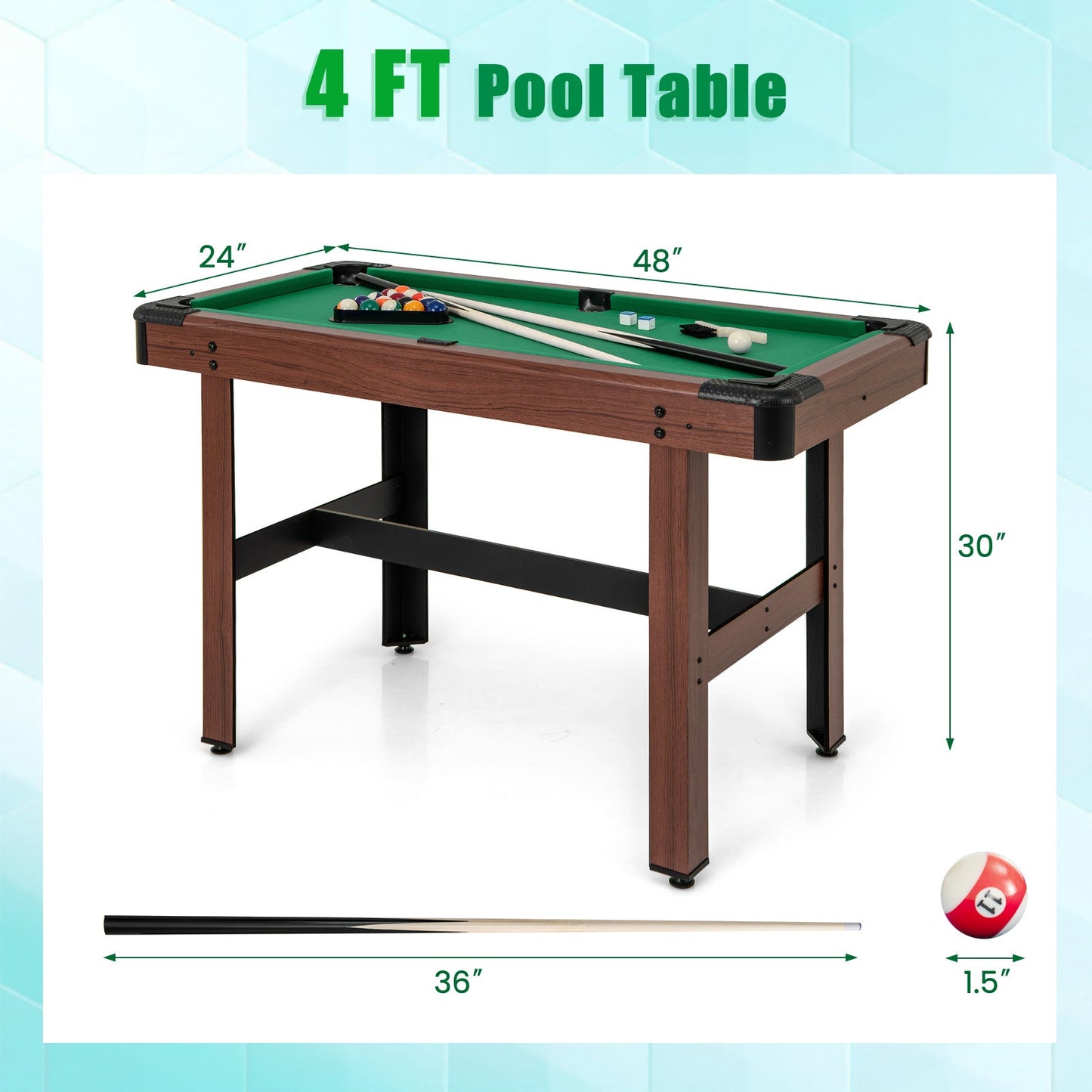 48 Inch Pool Wooden Game Table with Full Set of Ballsfor Kids and Adults