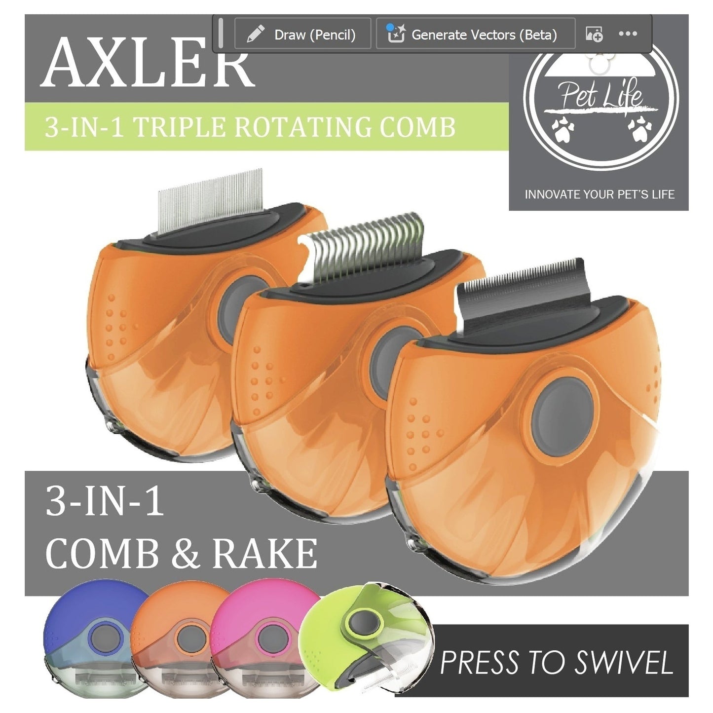 Pet Life ® 'Axler' Triple Rotating Rake Deshedder and Dematting Grooming Pet Comb