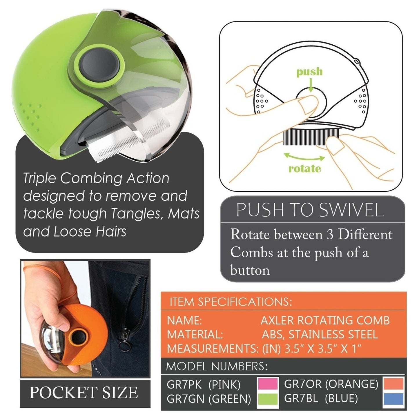 Pet Life ® 'Axler' Triple Rotating Rake Deshedder and Dematting Grooming Pet Comb