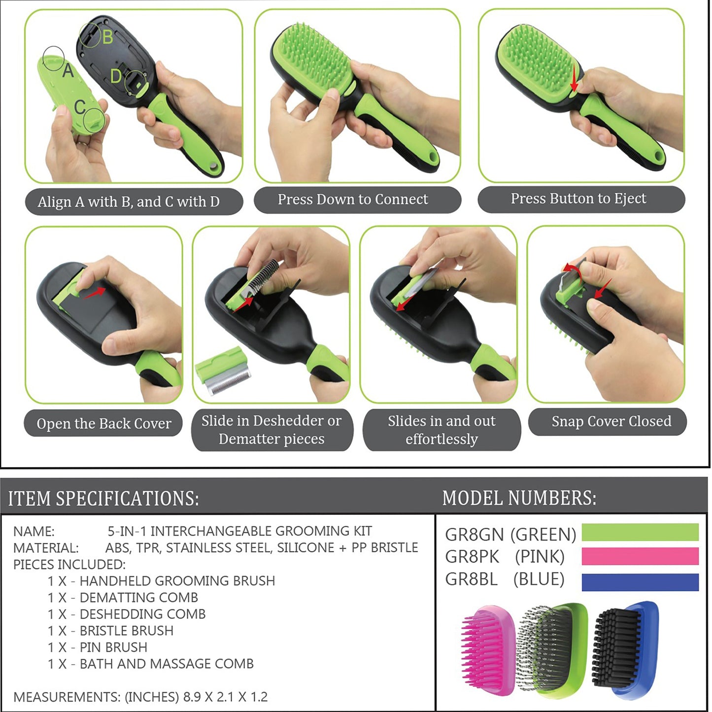 Pet Life ® 'Conversion' 5-in-1 Interchangeable Dematting and Deshedding Bristle Pin and Massage Grooming Pet Comb