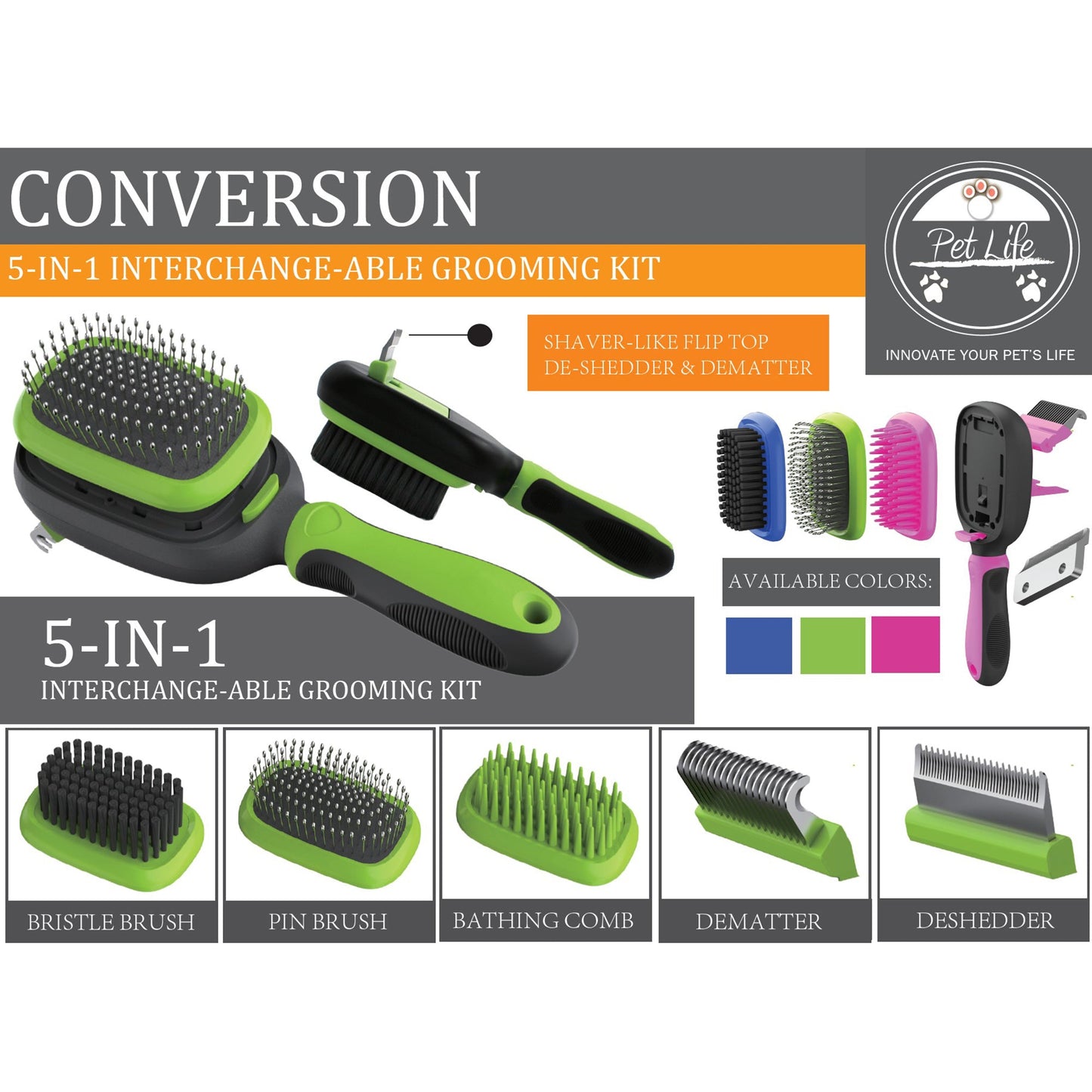 Pet Life ® 'Conversion' 5-in-1 Interchangeable Dematting and Deshedding Bristle Pin and Massage Grooming Pet Comb