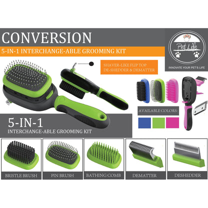 Pet Life ® 'Conversion' 5-in-1 Interchangeable Dematting and Deshedding Bristle Pin and Massage Grooming Pet Comb