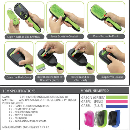 Pet Life ® 'Conversion' 5-in-1 Interchangeable Dematting and Deshedding Bristle Pin and Massage Grooming Pet Comb