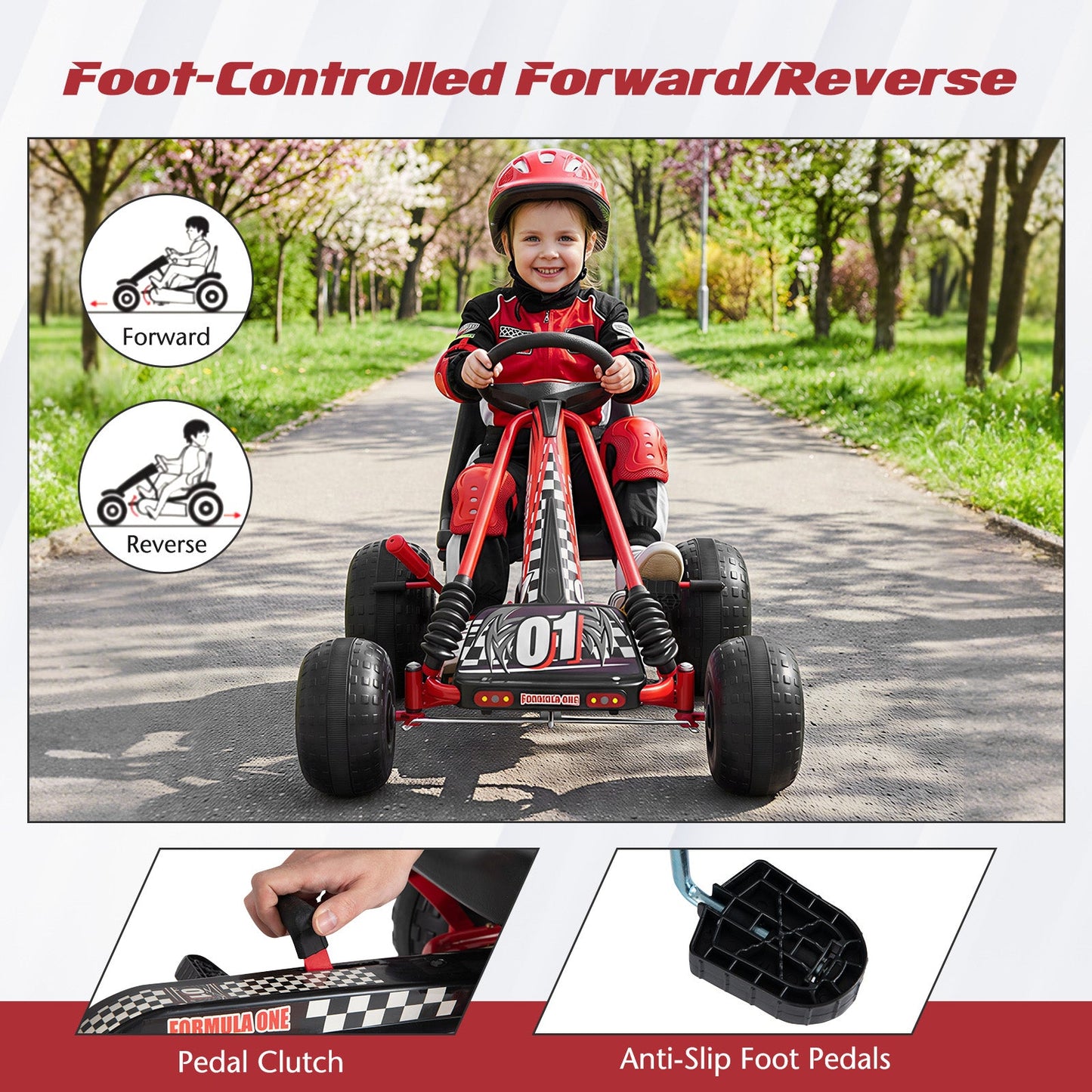 Go Kart for Kids 4 Wheels Pedal with Adjustable Seat and Multi-Terrain Wheels