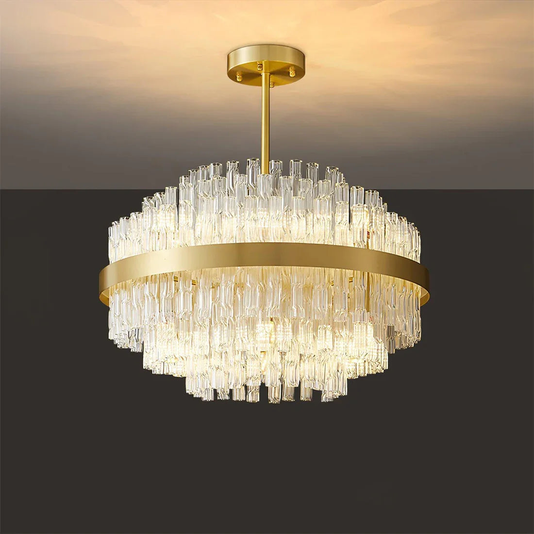 Golden Linear Glass Rod Chandelier
