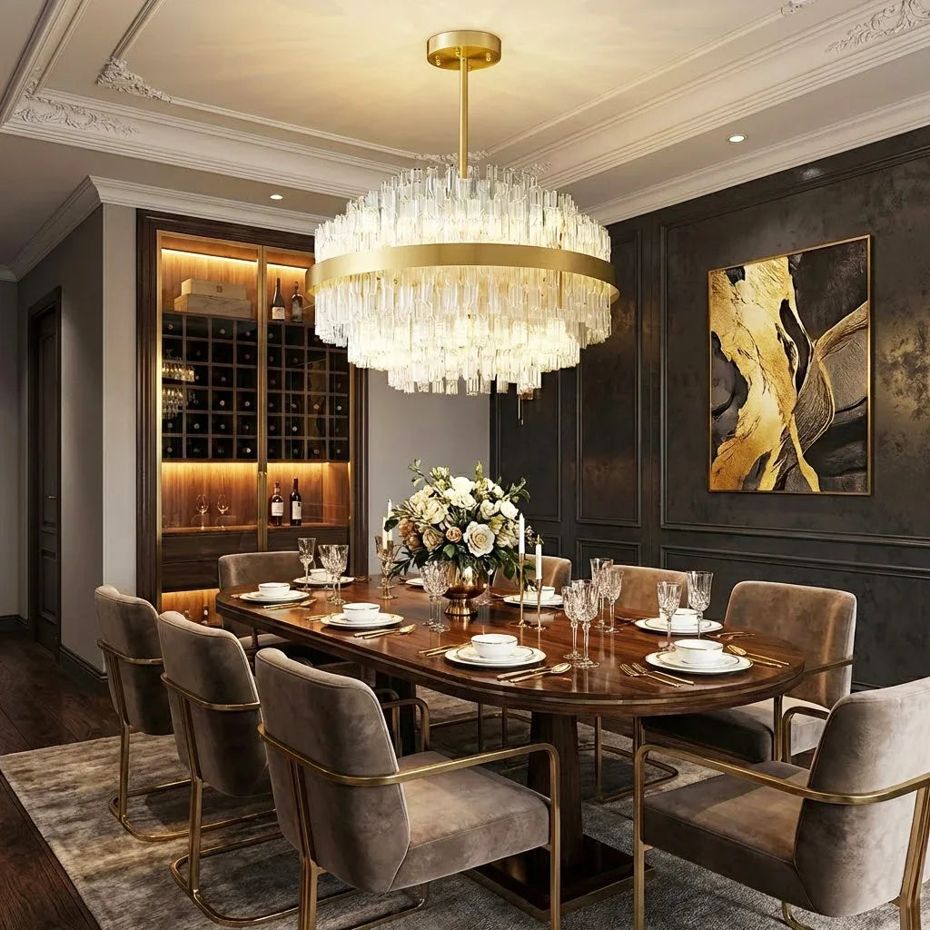 Golden Linear Glass Rod Chandelier