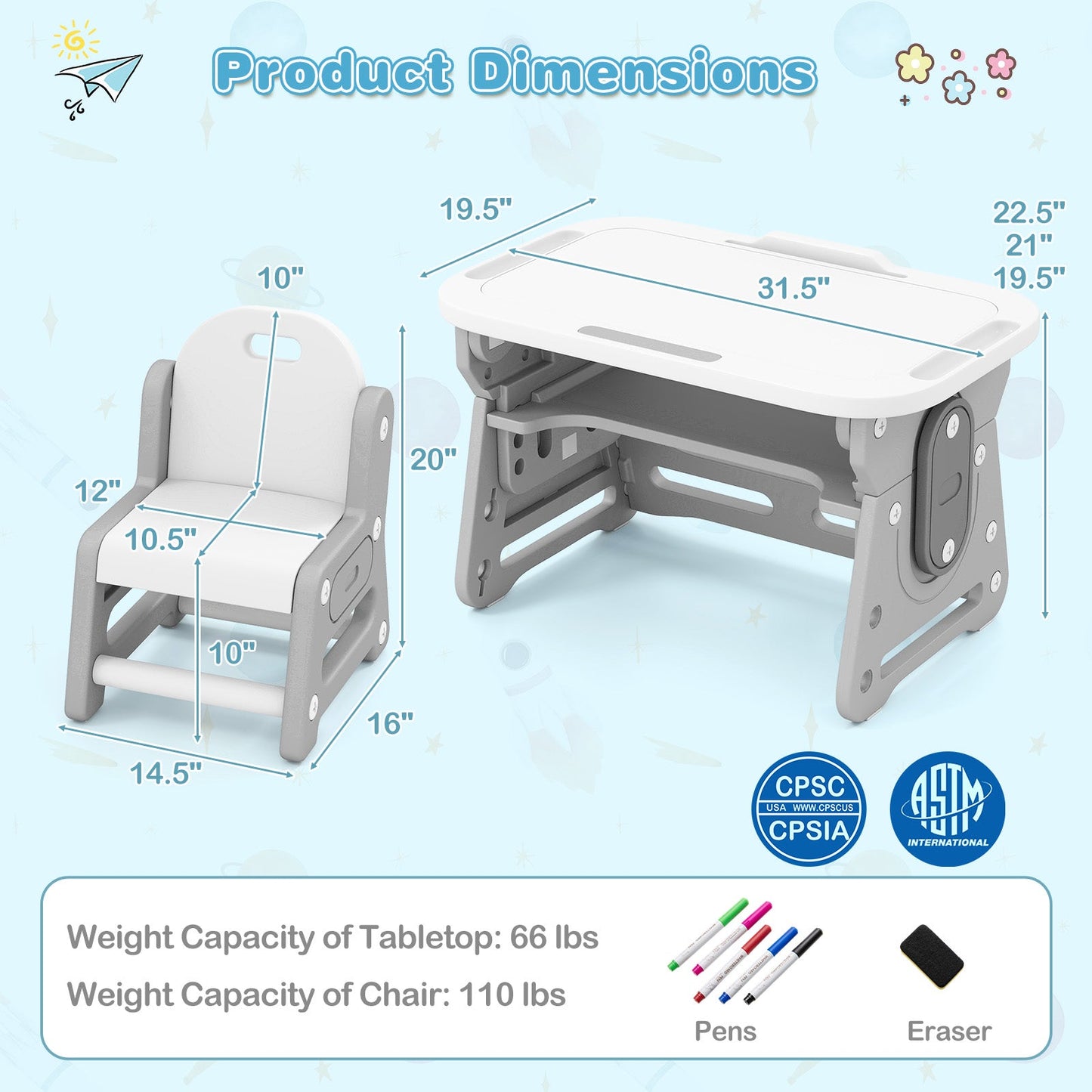 Height Adjustable Kids Table and Chair Set with Tiltable Whiteboard and Concave Shelf