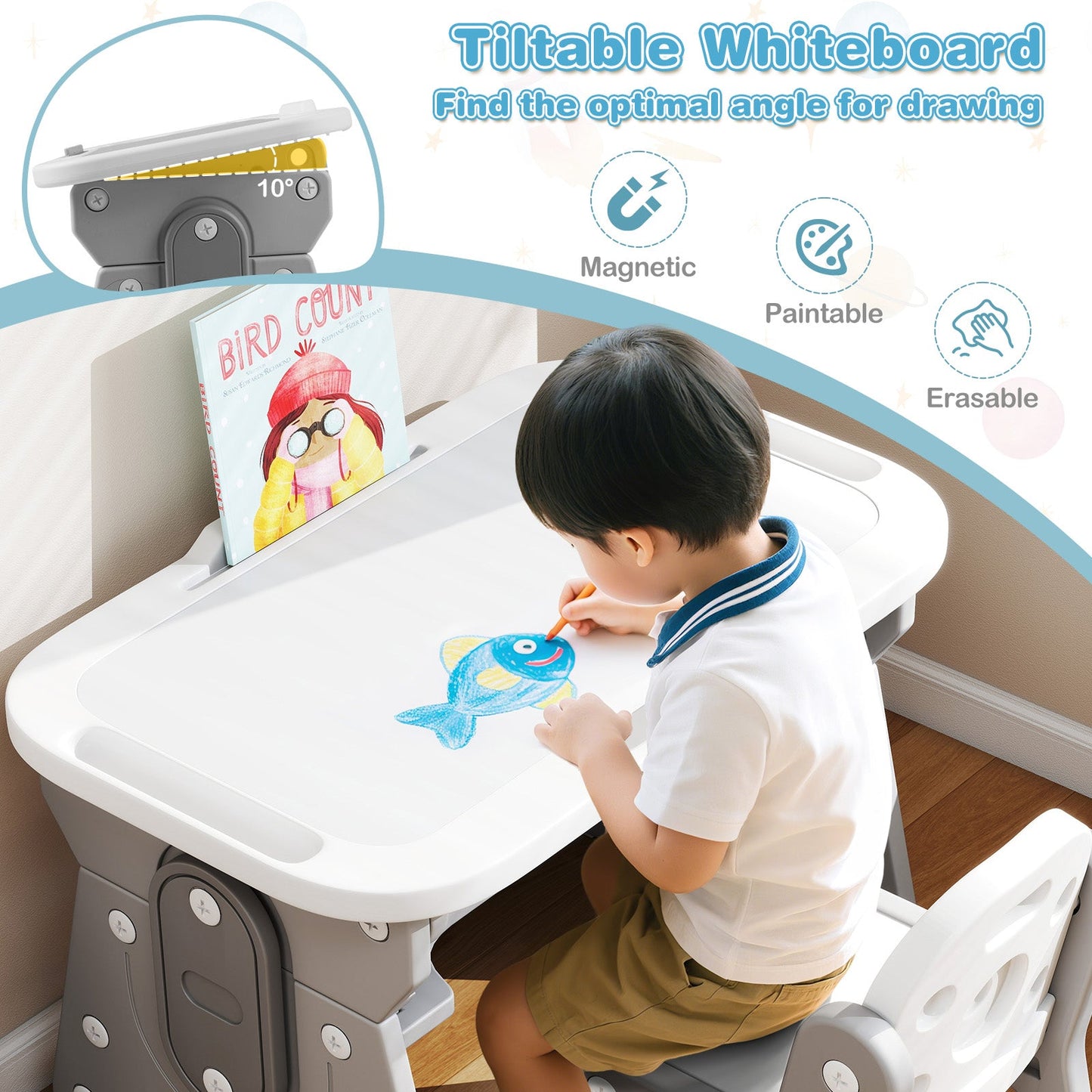 Height Adjustable Kids Table and Chair Set with Tiltable Whiteboard and Concave Shelf
