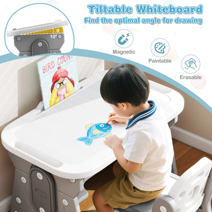 Height Adjustable Kids Table and Chair Set with Tiltable Whiteboard and Concave Shelf