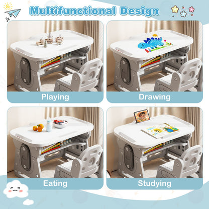 Height Adjustable Kids Table and Chair Set with Tiltable Whiteboard and Concave Shelf