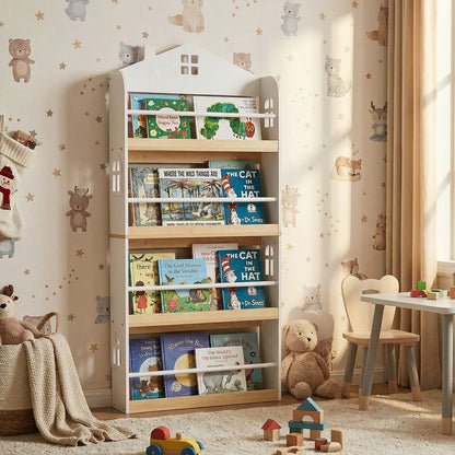 House-Shaped Kids Bookshelf with Anti-falling Baffles-White