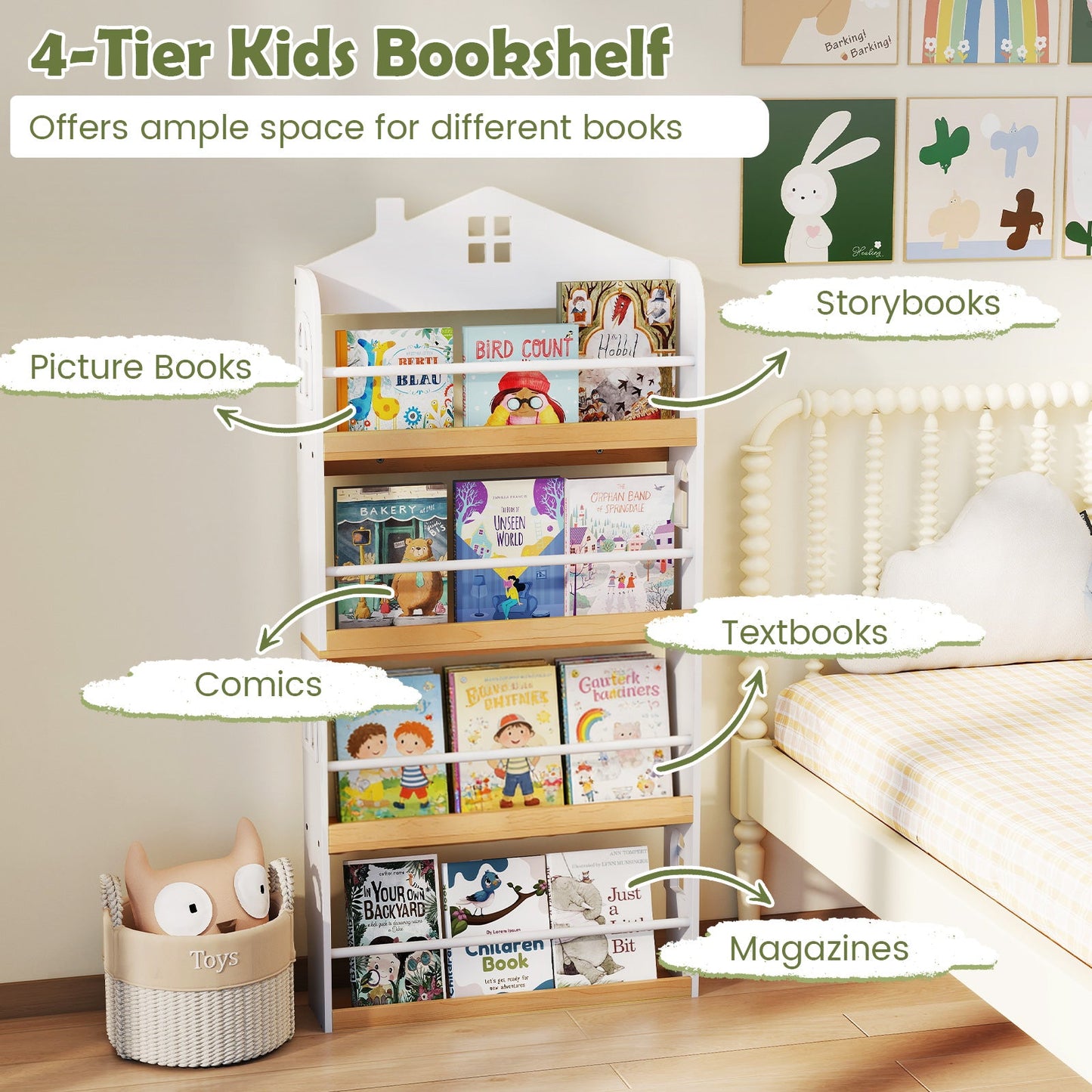 House-Shaped Kids Bookshelf with Anti-falling Baffles-White