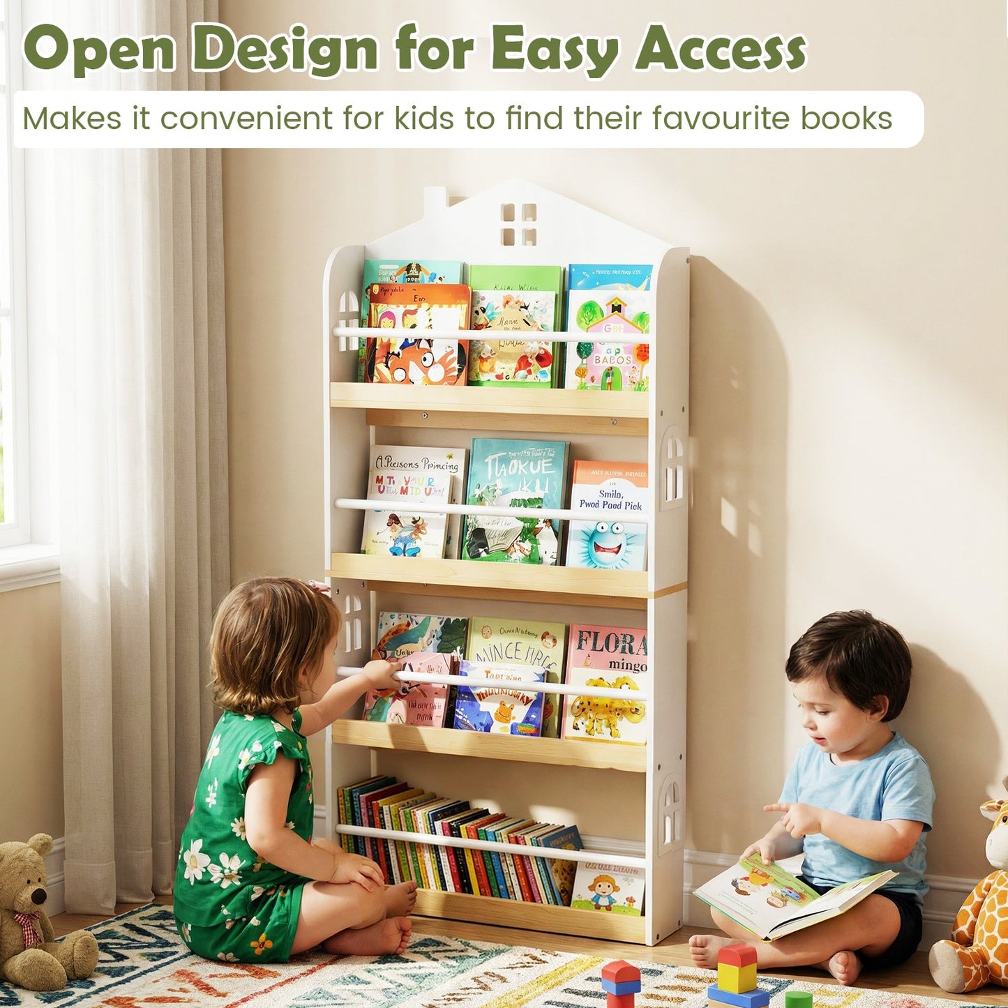 House-Shaped Kids Bookshelf with Anti-falling Baffles-White