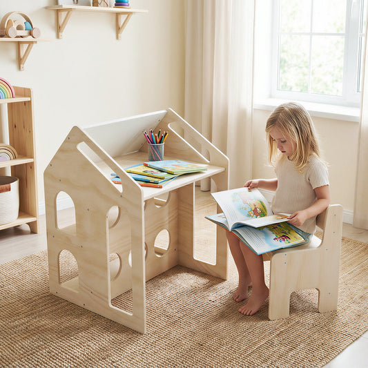 House-shaped Wooden Activity Kids Table Chair Set-Natural