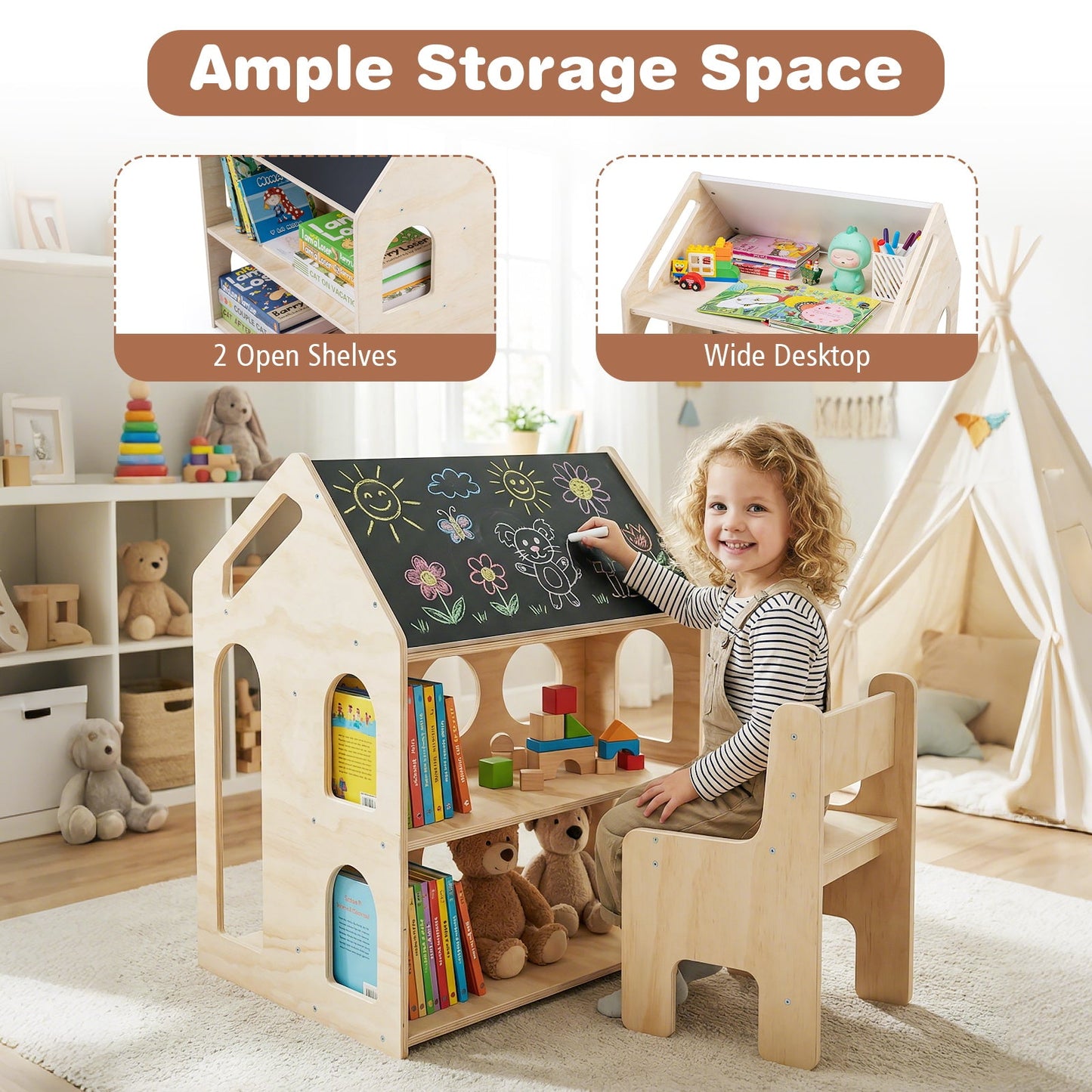 House-shaped Wooden Activity Kids Table Chair Set-Natural
