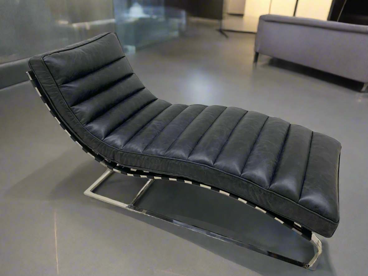 Plano Modern Channeled Leather Chaise Lounge - Slate Leather