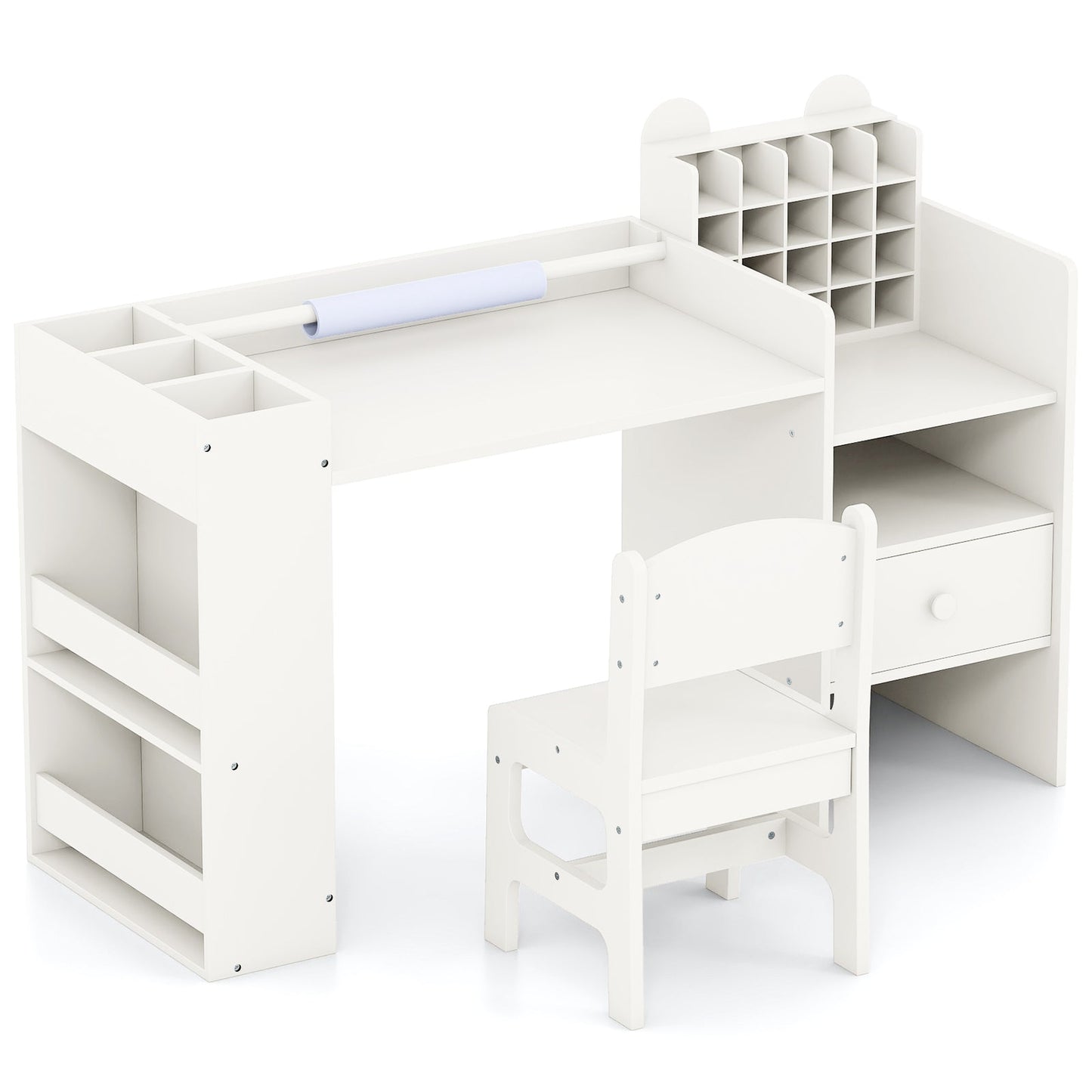 Kids Art Table and Chair Set with Detachable Paper Roll Holder and Cabinet