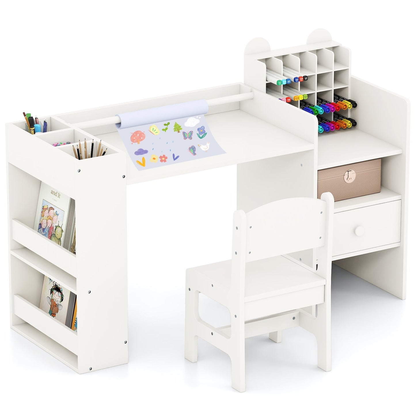 Kids Art Table and Chair Set with Detachable Paper Roll Holder and Cabinet