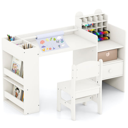 Kids Art Table and Chair Set with Detachable Paper Roll Holder and Cabinet